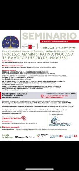 Processo amministrativo, processo telematico e Ufficio del processo – Evento posticipato al 17 dicembre 2021